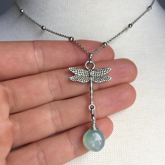 Silver Dragonfly Charm Necklace —  Aqua Gemstone - Picture 3 of 4